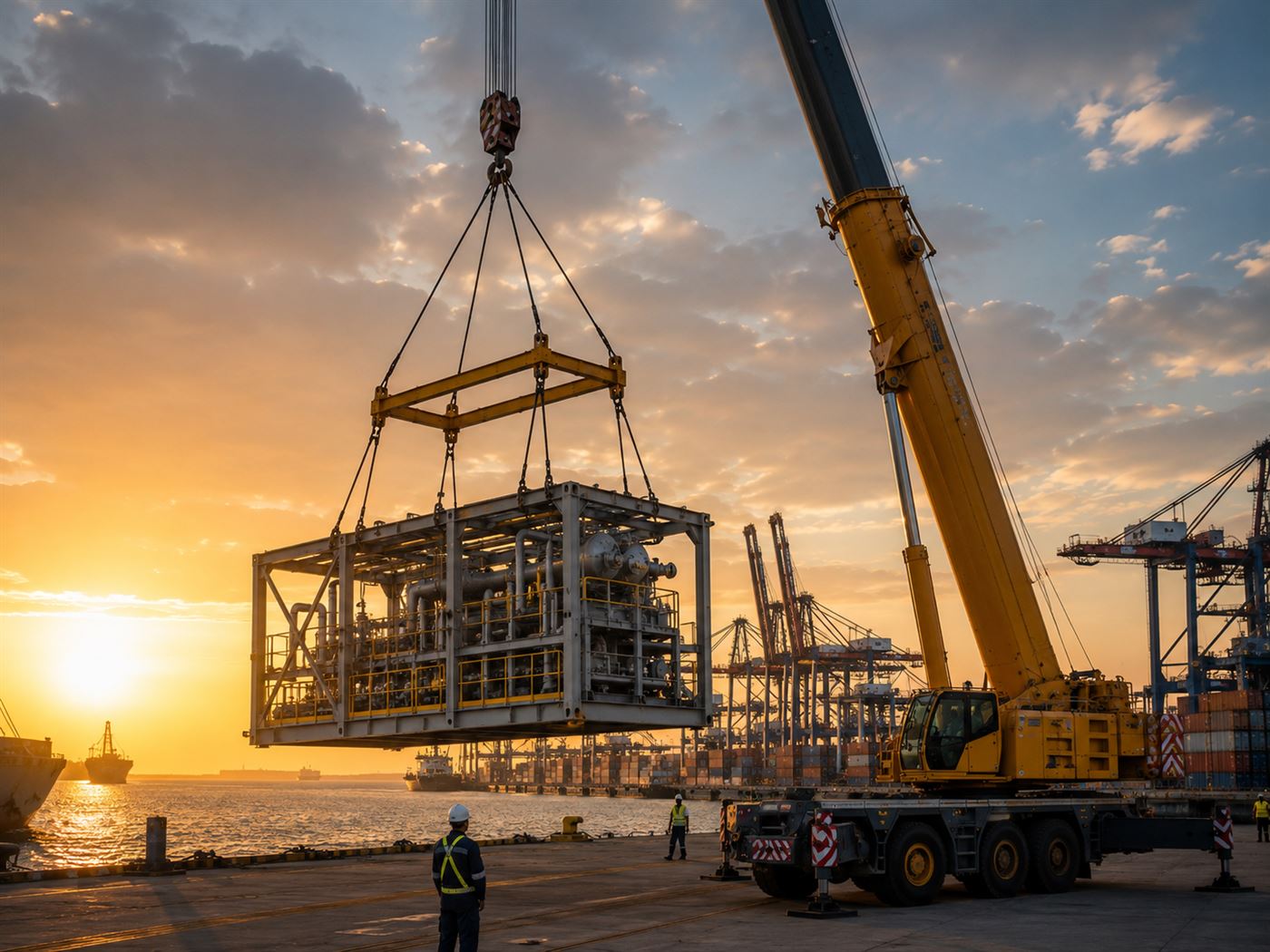Guindaste móvel içando módulo industrial em terminal portuário ao entardecer, com engenheiro observando a operação