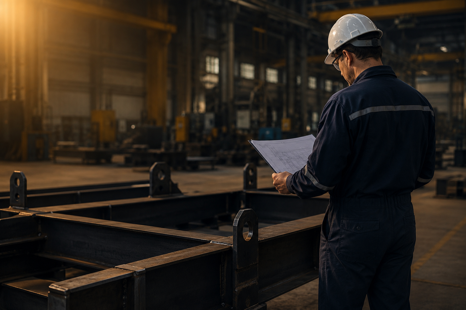Engenheiro com capacete conferindo desenho técnico ao lado de uma estrutura metálica fabricada em galpão industrial, com luz dourada ao fundo