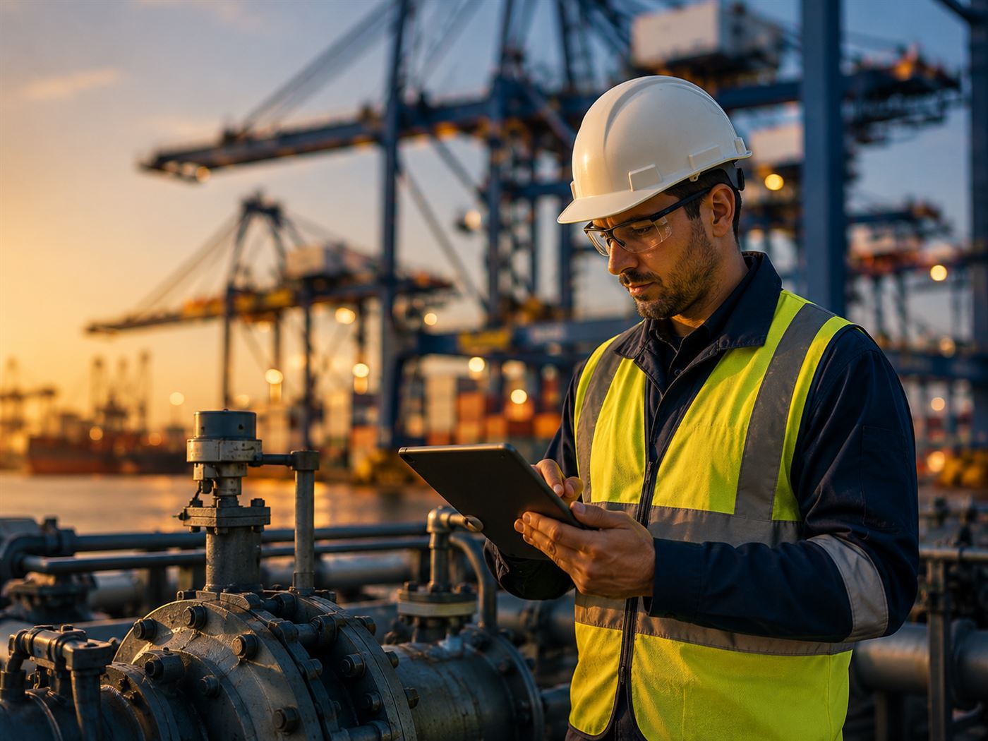 Engenheiro com tablet inspecionando válvulas e tubulações em terminal portuário, com pórticos e navios ao fundo