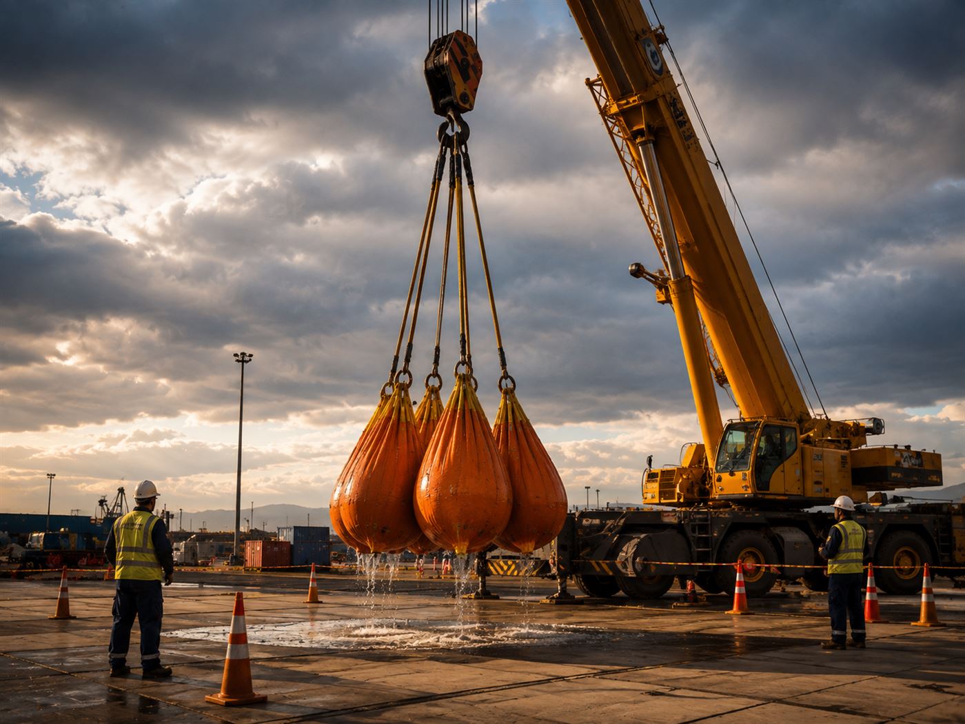 Bolsas de água usadas em teste de carga suspensas por guindaste móvel em pátio portuário